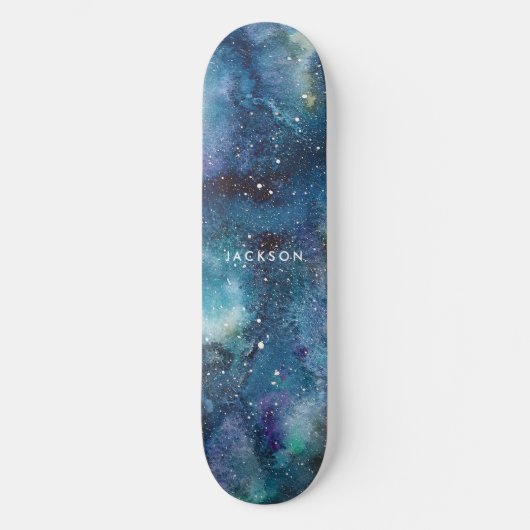 Blauwe Waterverf Galaxy Space Stars Naam Persoonlijk Skateboard (Voorkant)