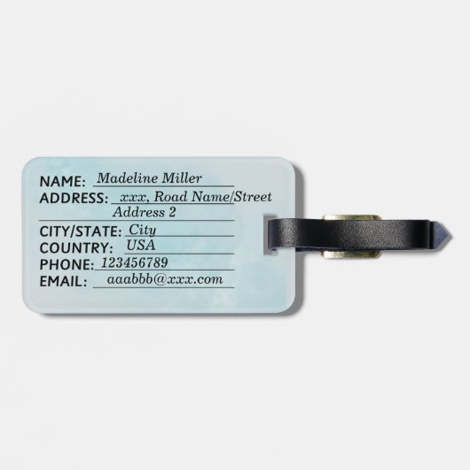 Blauwe Waterverf geeft naam monogram Bagagelabel (Achterkant horizontaal)