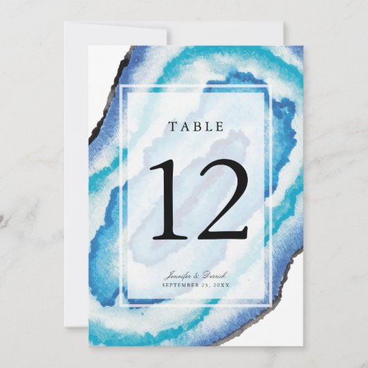 Blauwe Waterverf Geodes Trouwtafel nummer Kaart (Voorkant)