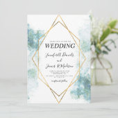 blauwe waterverf geometrisch gouden lijst bruiloft kaart (Staand voorkant)