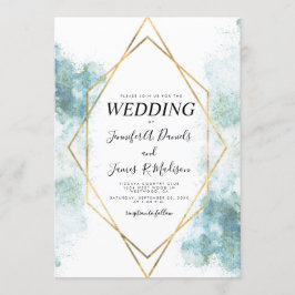 blauwe waterverf geometrisch gouden lijst bruiloft kaart