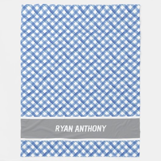 Blauwe Waterverf Gingham Plaid Checkered Boys Naam Fleece Deken (Voorkant)