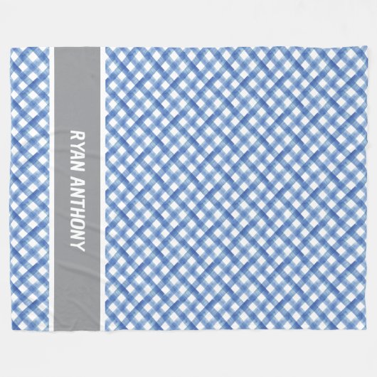 Blauwe Waterverf Gingham Plaid Checkered Boys Naam Fleece Deken (Voorkant (Horizontaal))