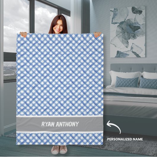 Blauwe Waterverf Gingham Plaid Checkered Boys Naam Fleece Deken