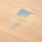 Blauwe Waterverf Glitter Gold Cross Baptisme Boy Acryl Uitnodigingen (Laagn)