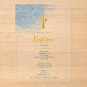 Blauwe Waterverf Glitter Gold Cross Baptisme Boy Acryl Uitnodigingen (Voorkant)