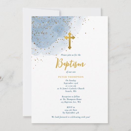 Blauwe Waterverf Glitter Gold Cross Baptisme Boy Kaart (Voorkant)