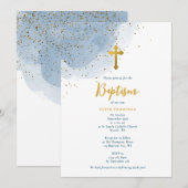 Blauwe Waterverf Glitter Gold Cross Baptisme Boy Kaart (Voorkant / Achterkant)