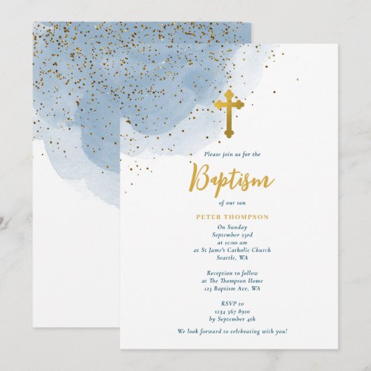 Blauwe Waterverf Glitter Gold Cross Baptisme Boy Kaart (Voorkant / Achterkant)
