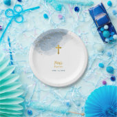 Blauwe Waterverf Glitter Gold Cross Baptisme Boy Papieren Bordje (Feest)