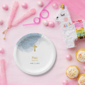 Blauwe Waterverf Glitter Gold Cross Baptisme Boy Papieren Bordje (Feest)