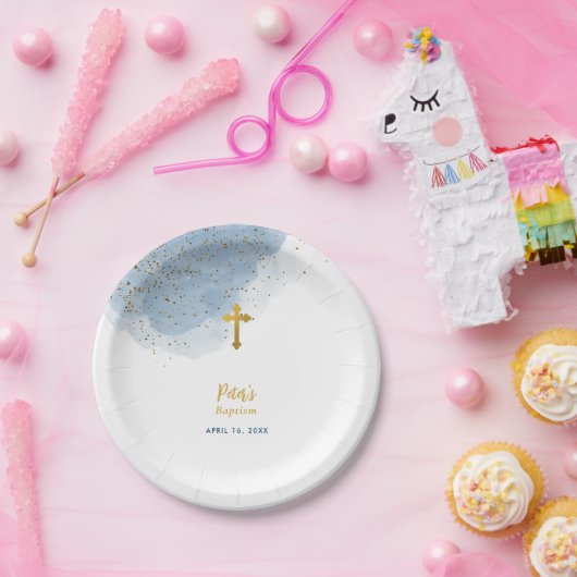 Blauwe Waterverf Glitter Gold Cross Baptisme Boy Papieren Bordje (Feest)