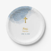 Blauwe Waterverf Glitter Gold Cross Baptisme Boy Papieren Bordje (Voorkant)