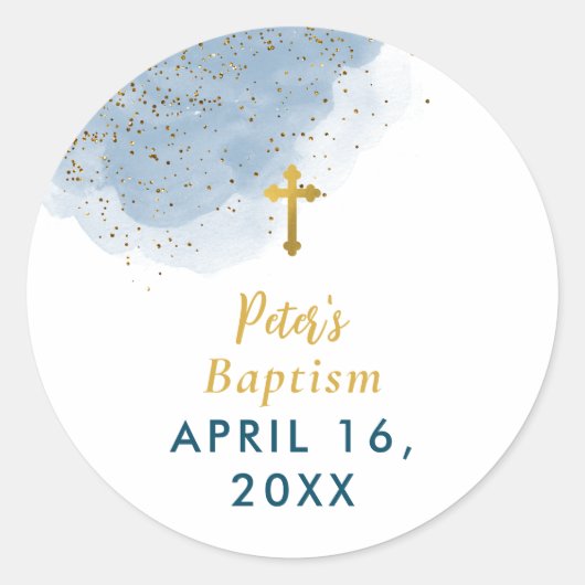 Blauwe Waterverf Glitter Gold Cross Baptisme Boy Ronde Sticker (Voorkant)