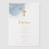 Blauwe Waterverf Glitter Gold Cross Baptisme Boy Vellum Uitnodigingen (Voorkant)