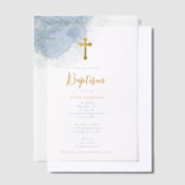 Blauwe Waterverf Glitter Gold Cross Baptisme Boy Vellum Uitnodigingen (Offset)