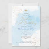 Blauwe Waterverf Gold Baptisme + 1e verjaardag Kaart (Voorkant)