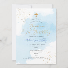 Blauwe Waterverf Gold Baptisme + 1e verjaardag Kaart