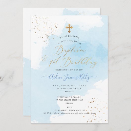 Blauwe Waterverf Gold Baptisme + 1e verjaardag Kaart (Voorkant / Achterkant)