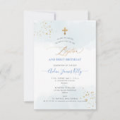 Blauwe Waterverf Gold Baptisme + 1e verjaardag Kaart (Voorkant)