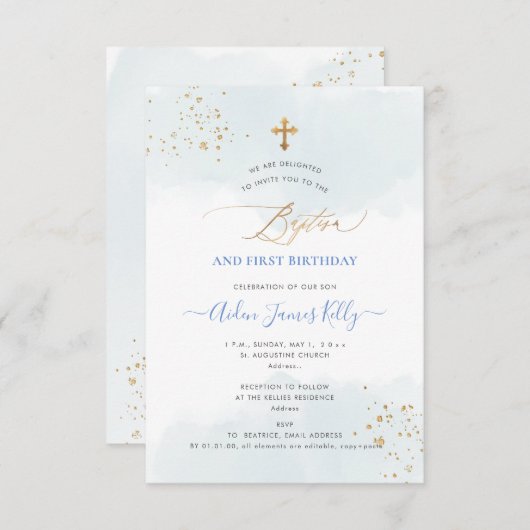 Blauwe Waterverf Gold Baptisme + 1e verjaardag Kaart (Voorkant / Achterkant)