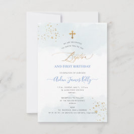 Blauwe Waterverf Gold Baptisme + 1e verjaardag Kaart