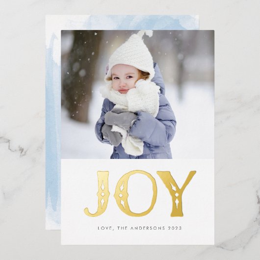 Blauwe Waterverf GOLD JOY kerstfoto Folie Feestdagenkaart (Voorkant / Achterkant)