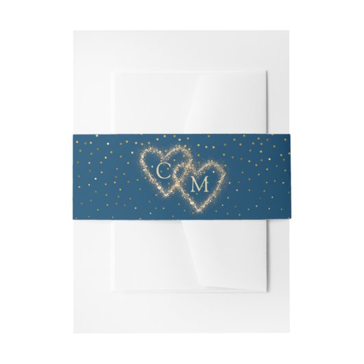 Blauwe Waterverf Golden Hearts Monogram Bruiloft Uitnodigingen Wikkel (Voorkant Voorbeeld)