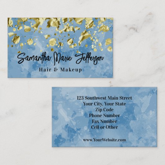 Blauwe Waterverf Goud laat vallen Hair Nail Makeup Visitekaartje (Voorkant / Achterkant)
