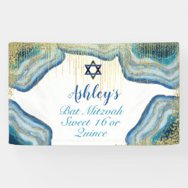 Blauwe Waterverf & Gouden Glitter Bat Mitzvah Quin Spandoek