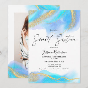 Blauwe waterverf gouden glitter foto Sweet 16 Kaart