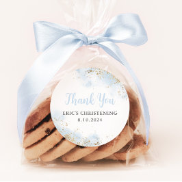 Blauwe Waterverf Gouden Jongen Doopsel Ronde Sticker