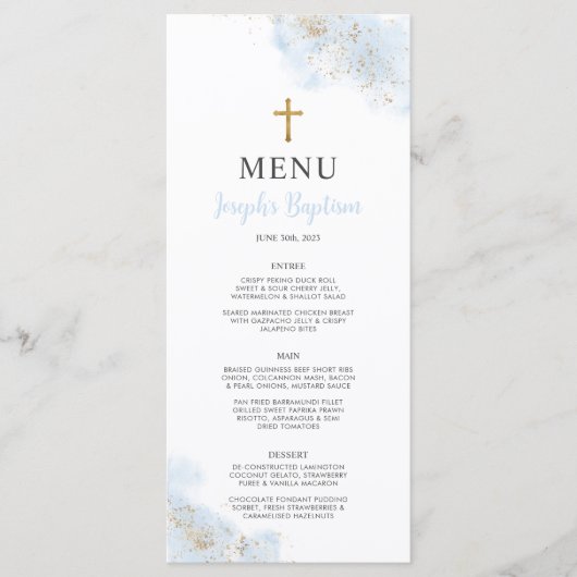 Blauwe Waterverf Gouden Jongens Doopsel Doop Menu (Voorkant)
