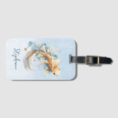 Blauwe Waterverf Gouden Koi Vis Gepersonaliseerd Bagagelabel (Voorkant (horizontaal))