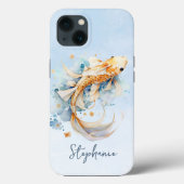 Blauwe Waterverf Gouden Koi Vis Gepersonaliseerd Case-Mate iPhone Case (Achterkant)