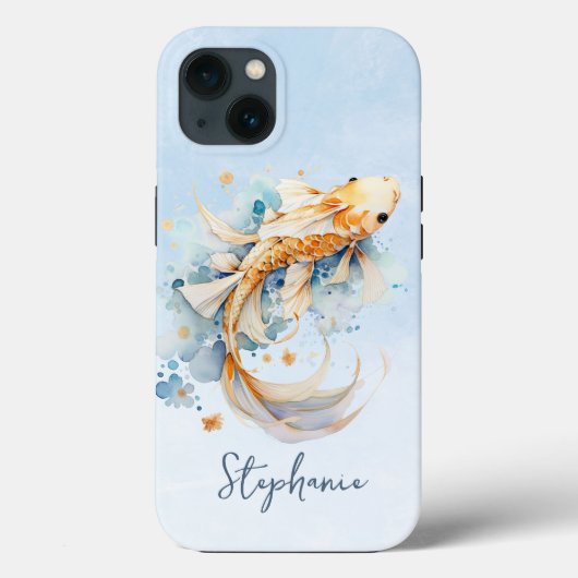 Blauwe Waterverf Gouden Koi Vis Gepersonaliseerd Case-Mate iPhone Case (Achterkant)