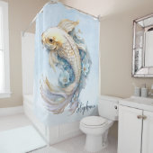 Blauwe Waterverf Gouden Koi Vis Gepersonaliseerd Douchegordijn (In situ)