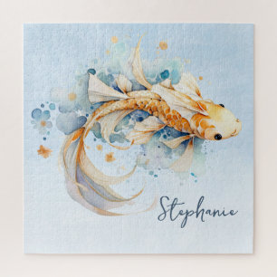 Blauwe Waterverf Gouden Koi Vis Gepersonaliseerd Legpuzzel