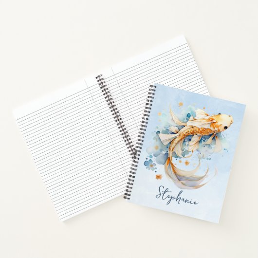 Blauwe Waterverf Gouden Koi Vis Gepersonaliseerd Notitieboek (Binnen)