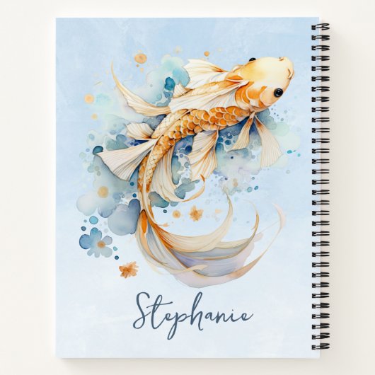 Blauwe Waterverf Gouden Koi Vis Gepersonaliseerd Notitieboek (Achterkant)