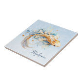 Blauwe Waterverf Gouden Koi Vis Gepersonaliseerd Tegeltje (Zijkant)