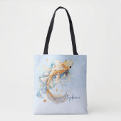 Blauwe Waterverf Gouden Koi Vis Gepersonaliseerd Tote Bag (Voorkant)