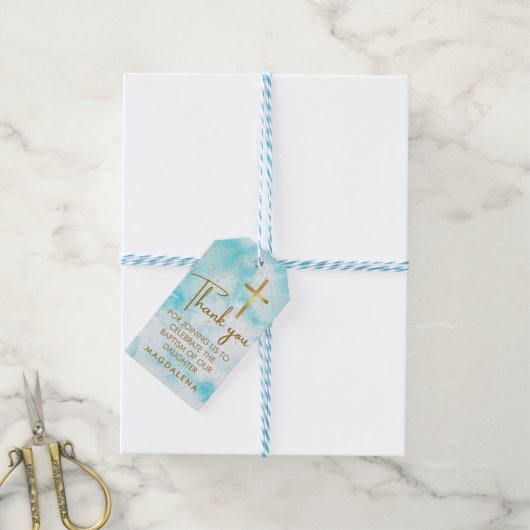 Blauwe Waterverf Gouden Kruis Doop Dank u Favor Cadeaulabel (Met Touw)