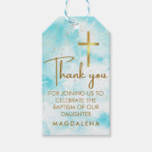 Blauwe Waterverf Gouden Kruis Doop Dank u Favor Cadeaulabel (Voorkant)