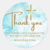 Blauwe Waterverf Gouden Kruis Doop Dank u Favor Ronde Sticker (Voorkant)