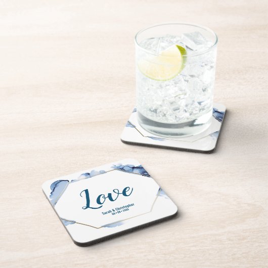 Blauwe Waterverf gouden lijst bruiloft Bier Onderzetter (Rechterzijde)