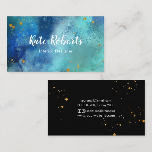 Blauwe Waterverf goudsplatten visitekaartje (Voorkant / Achterkant)
