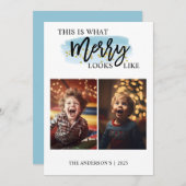 Blauwe Waterverf Grappig Kinder Twee Foto Feestdagenkaart (Voorkant / Achterkant)