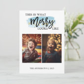 Blauwe Waterverf Grappig Kinder Twee Foto Feestdagenkaart (Staand voorkant)