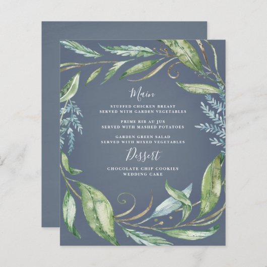 Blauwe Waterverf Greenery Wreath Wedding Menu Kaar (Voorkant / Achterkant)